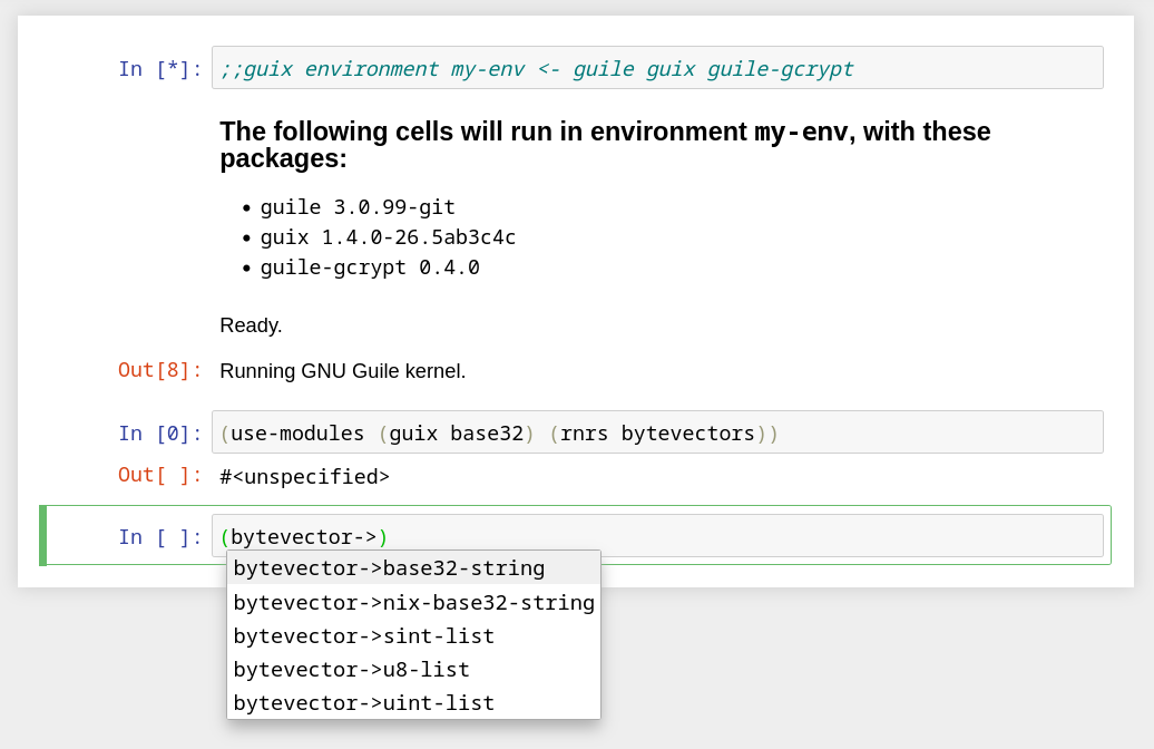 Notebook showing completion of top-level Scheme bindings with the Guile kernel.