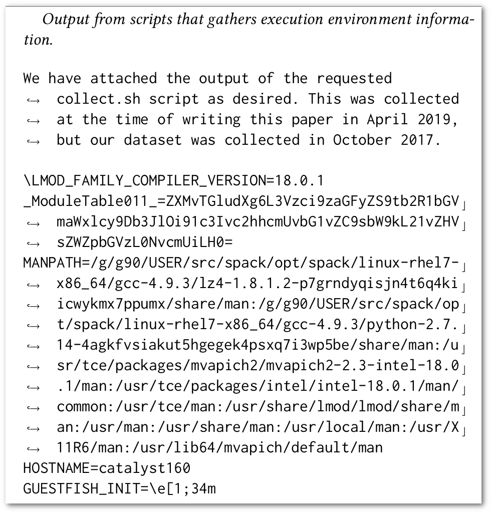 An Artifact Evaluation appendix proudly showing its environment variables.