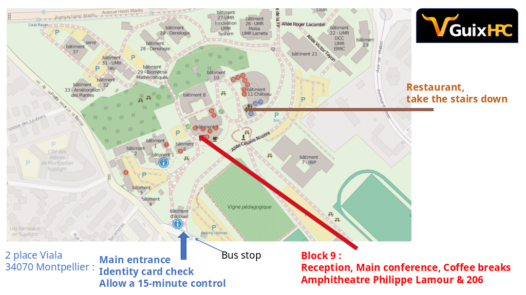 Map of the campus of Institut Agro showing the location of
the amphitheater and the restaurant.
